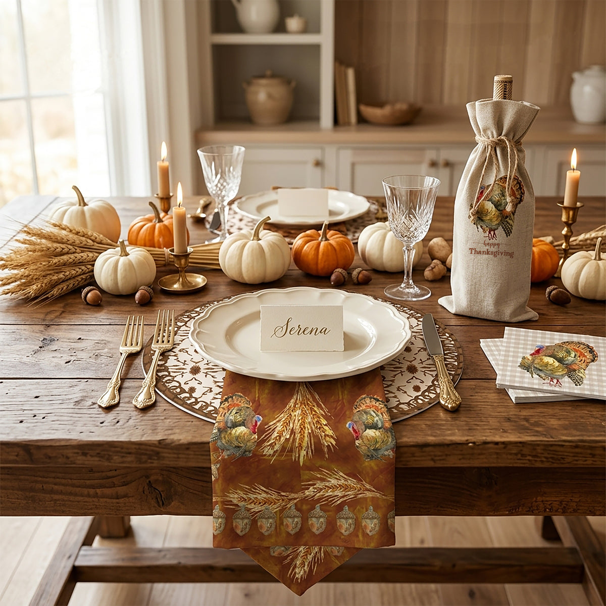 An autumn-themed table setting on a rustic wooden dining table, featuring a brown and gold patterned table runner, a fabric wine bottle bag with a turkey illustration and 'Thankful Thanksgiving' text, white plates, gold cutlery, and small pumpkins.