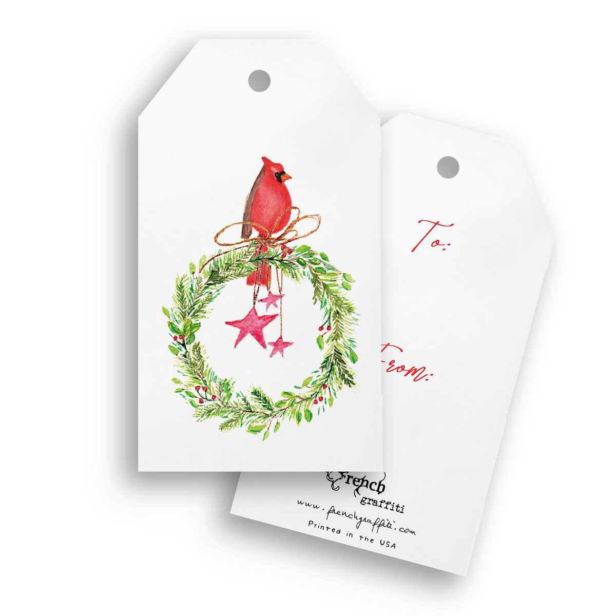 Cardinal Sitting On Wreath with Stars Gift Tags | Pack of 4 – French ...